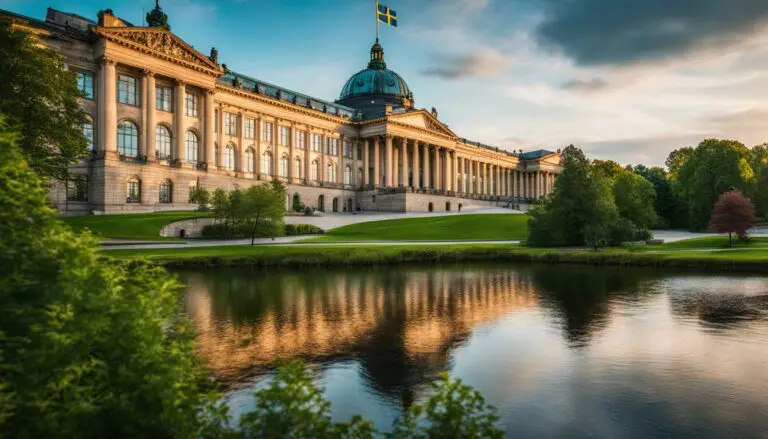 En bild av Sveriges parlamentsbyggnad med omgivande grönska och stadssilhuett.