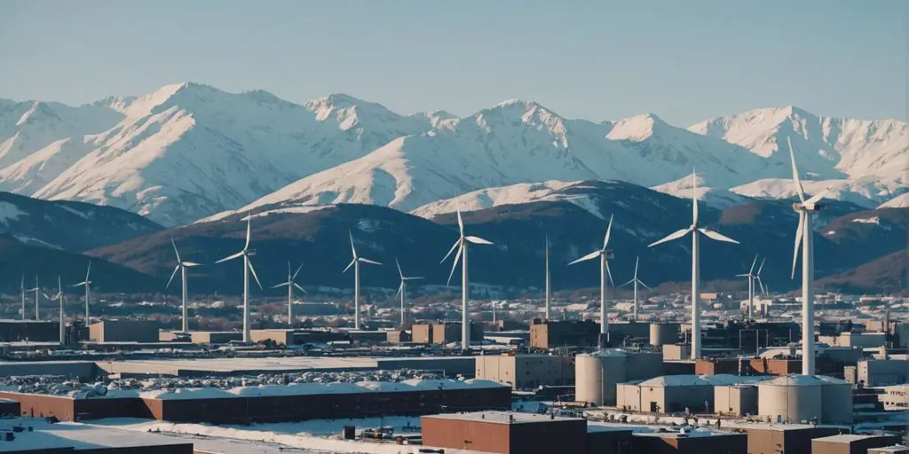 Fabriker och vindkraftverk i ett snöigt bergsområde, som symboliserar industriella investeringar i norr.