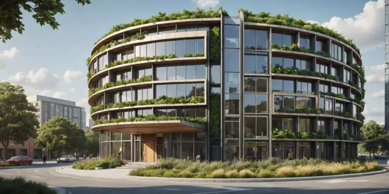 Modern building made with recycled materials, representing sustainable construction in circular economy.
